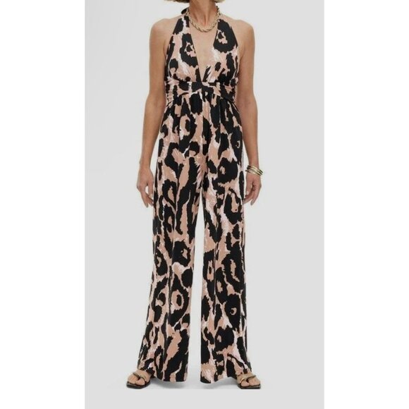Diane Von Furstenberg x Target Women XS Leopard Halter Jumpsuit Black/Tan/Pink - Picture 2 of 8